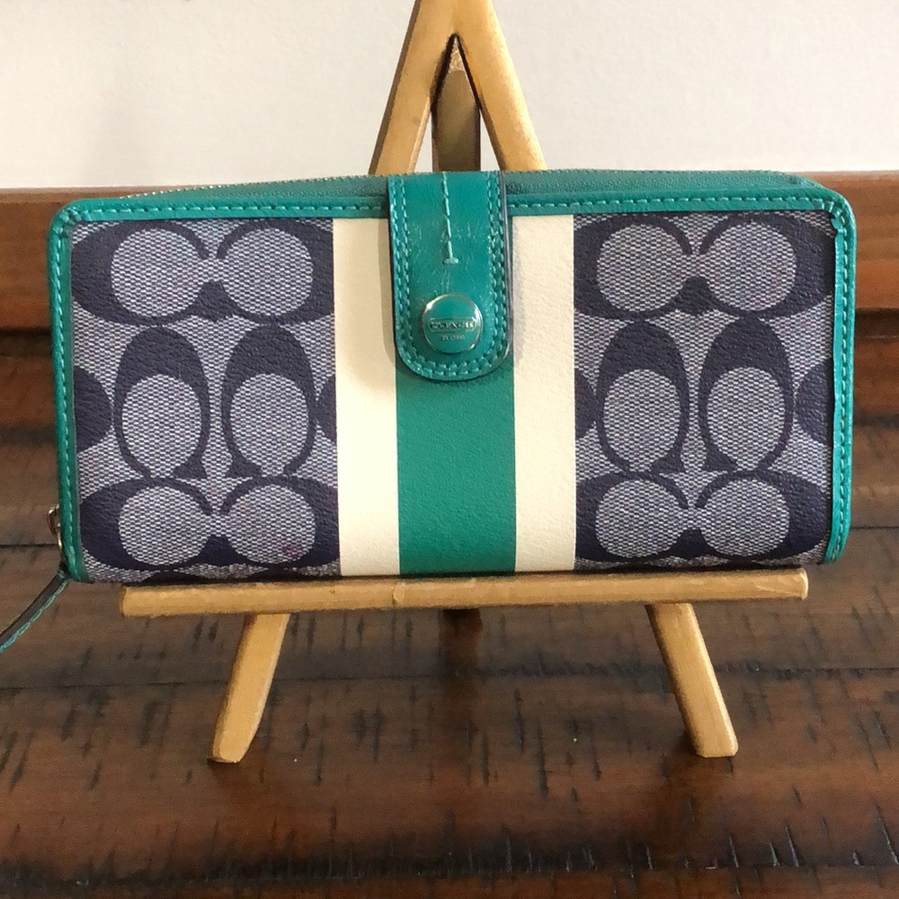 Coach Signature Stripe Continental Wallet in Teal, Navy & Cream